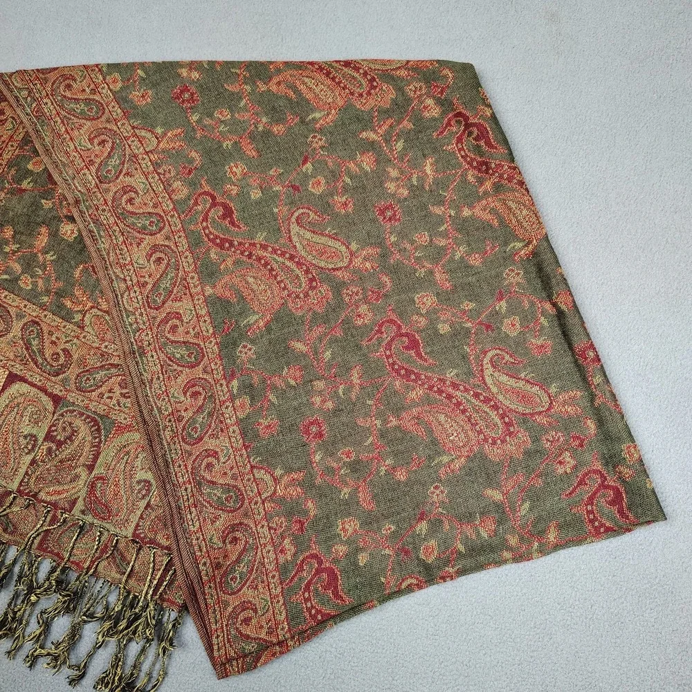 Cashmere Silk Scarf Shawl Paisley Sage Red Fall Vibes Fringe XL 27x72 Pashmina